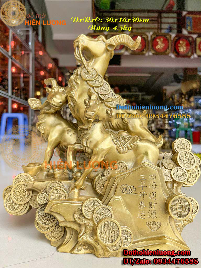Tượng tam dương khai thái - tượng dê phong thủy bằng đồng cao 30cm, nặng 4,5kg