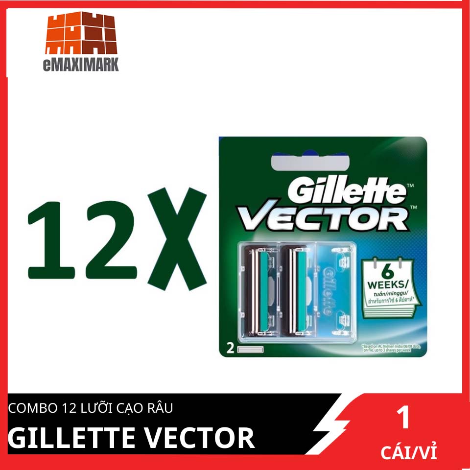 [HCM ship 2h] Combo 12 Vĩ Lưỡi Cạo Râu Gillette Vector Hộp 2S