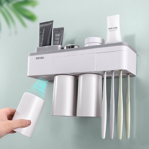 Combo bộ kệ nhà tắm gồm khay để đồ dùng phòng tắm, dụng cụ lấy kem đánh răng tự động, giá treo bàn chải đánh răng và 3 cốc đánh răng cho gia đình có kèm ngăn kéo chứa đồ mini tiện dụng GIÁ ƯU ĐÃI