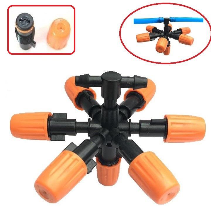 Vòi phun sương 7 cửa loại lõi đầu cam màu đen dùng cho ống phun sương PU 5/8mm hoặc ống PVC 4/7mm