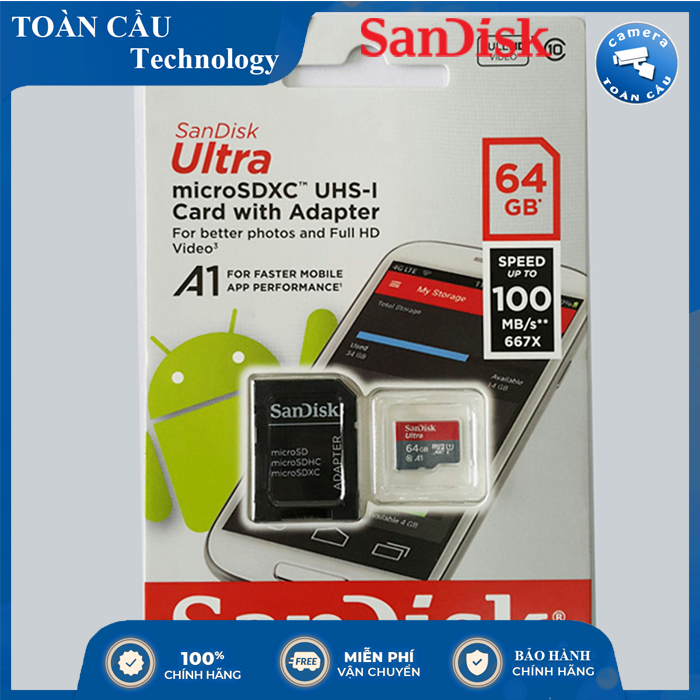 [HCM][100% CHÍNH HÃNG] Thẻ nhớ Micro SD SanDisk Ultra 64GB Class 10 - Camera Toàn Cầu