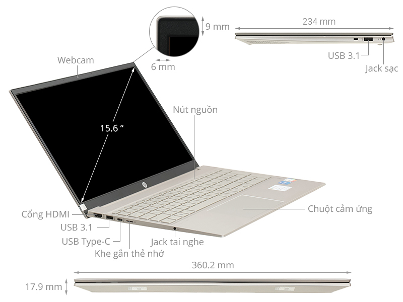 Laptop HP Pavilion 15-eg2088TU 7C0R0PA (Core i7-1260P | 16GB | 512GB | Intel Iris Xe | 15.6 inch FHD | Win 11 | Vàng)
