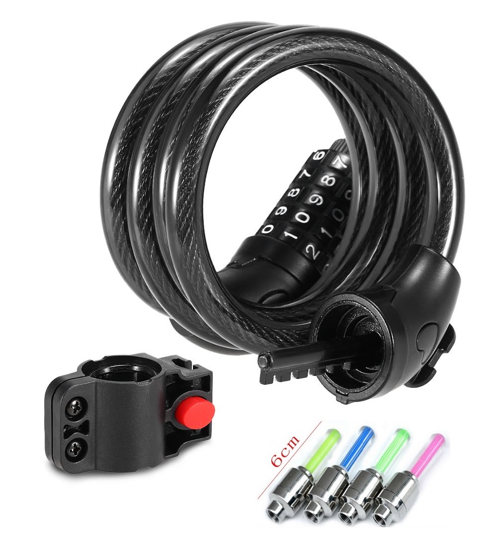 TẶNG 01 bộ 2 đèn van xe đạp - Dây khóa 5 số chống trộm cho xe đạp, xe máy - Chất liệu thép siêu bền - Dây khoá số, đổi được mật mã