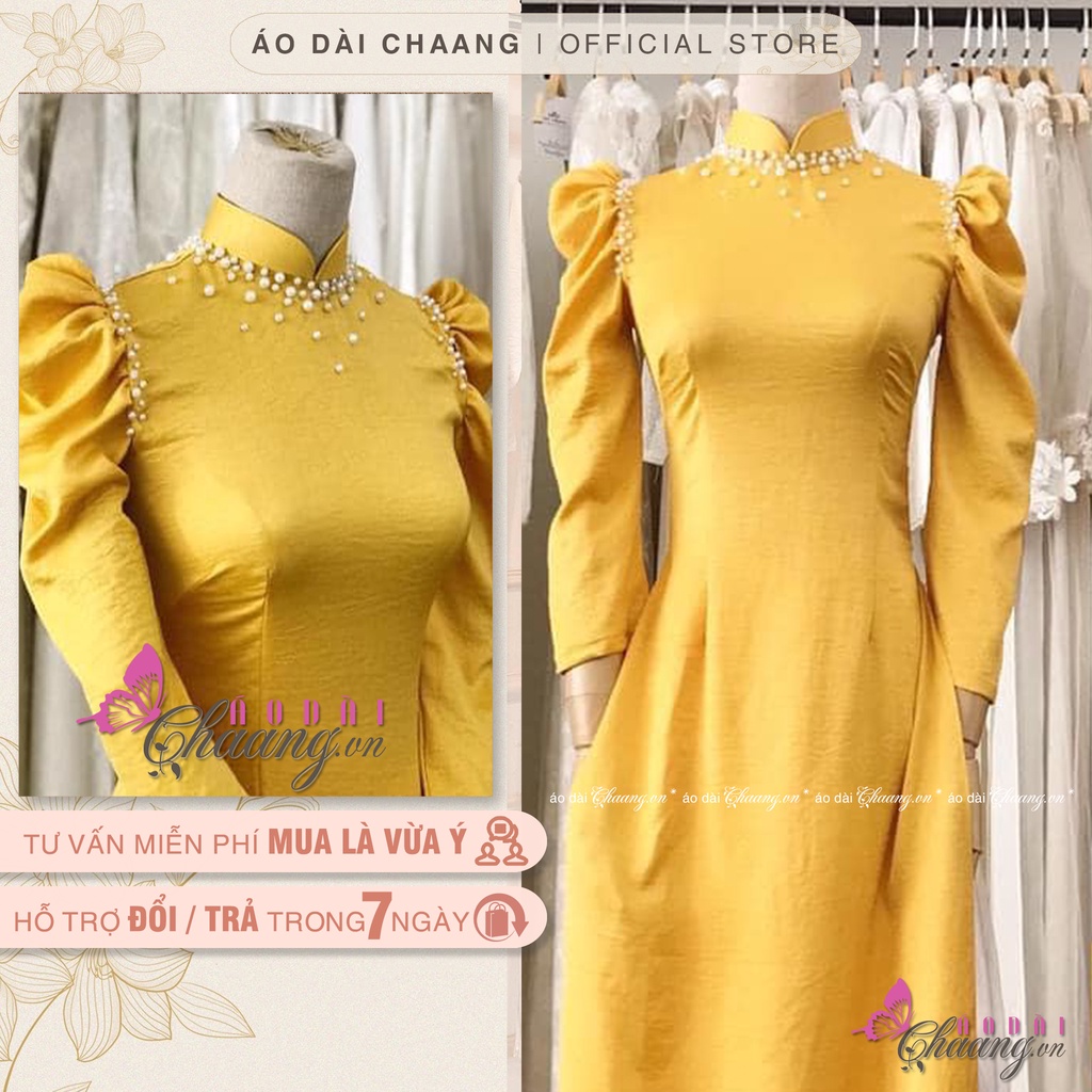 Áo dài tay bồng đính ngọc_Chaang_May sẵn áo dài truyền thống tay phồng lụa tây thi