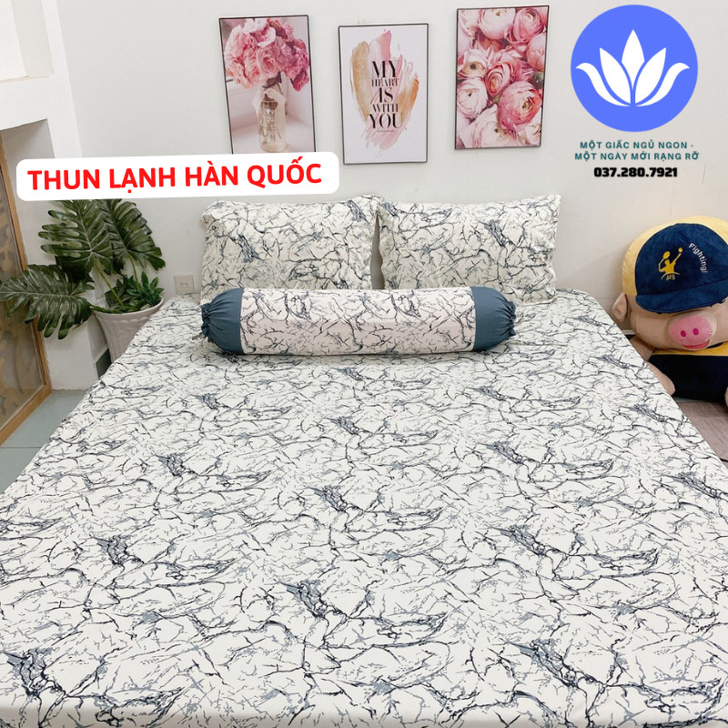 Bộ Ga Thun Hàn Quốc 4 MÓN -MẪU MỚI ( 1 ga bo chun + 2 áo gối nằm +1 áo ôm  )