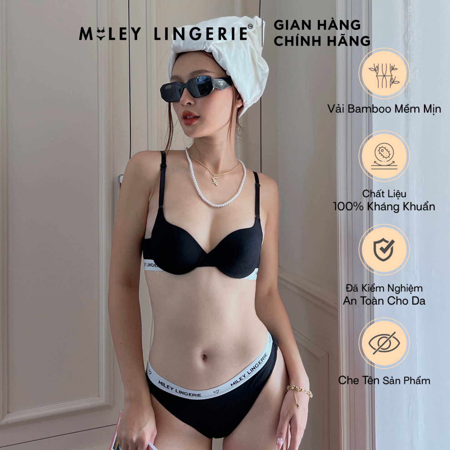 Bộ đồ lót viền lưng logo miley vải sợi thiên nhiên bamboo mềm mịn nâng ngực nhẹ nhàng 2 màu đen - trắng miley lingerie brb11_fb1s1bamboo miley lingerie logo miley loose underwear set