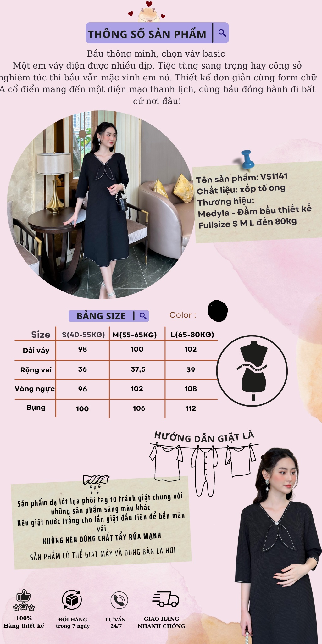 MEDYLA - Đầm bầu dự tiệc thu đông thiết kế 2 lớp đen xốp lót lụa vạt cổ viền trắng cho bầu đi chơi, du lịch - VS1141
