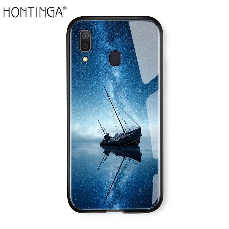 Hontinga For Samsung Galaxy A30 A20 Aurora Galaxy Space Sky Starry Gradient Casing Case Shockproof Tempered Glass Back Cover