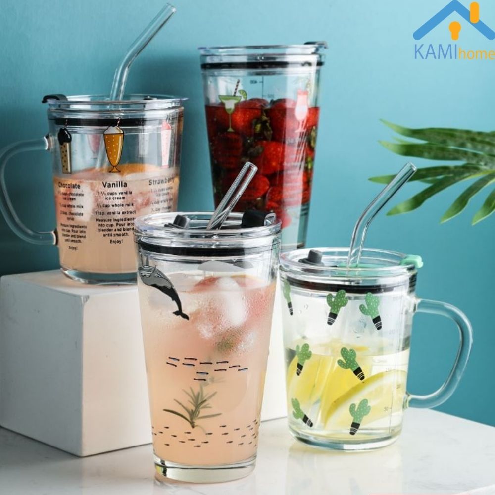 Ly thủy tinh chịu nhiệt nóng lạnh có nắp giữ nhiệt chống tràn kèm Ống hút ( chọn loại 450ml hoặc 350ml) dùng được trong Lò vi sóng mã 22013.22024