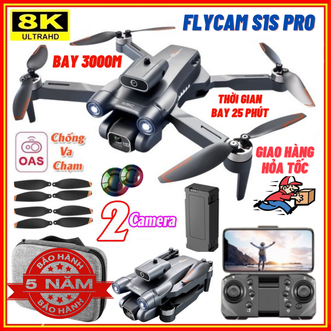 Máy Bay Flycam Camera 6K S1S Pro Max, Drone Mini Điều Khiển Từ Xa 4 Cánh Cảm Biến Chống Va Chạm, Không Chổi Than, Bay 30 Phút, Xa 1500m