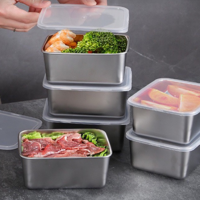 Set 2-5 hộp lạnh inox để tủ lạnh có nắp - sét 5 hộp inox đựng thực phẩm kèm nắp nhựa size nhỏ