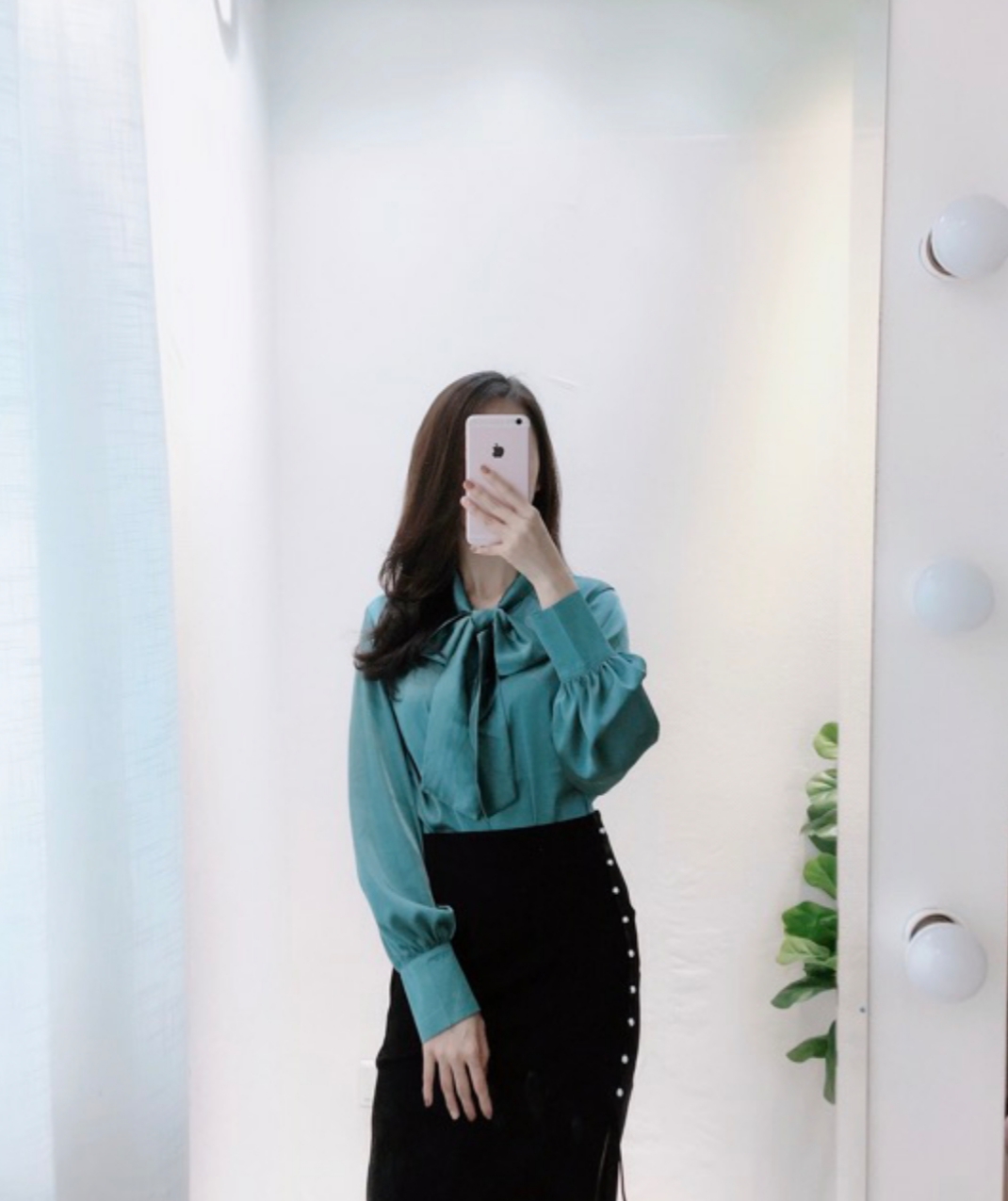 [HCM]Áo sơ mi nữ cổ nơ màu xanh cao cấp