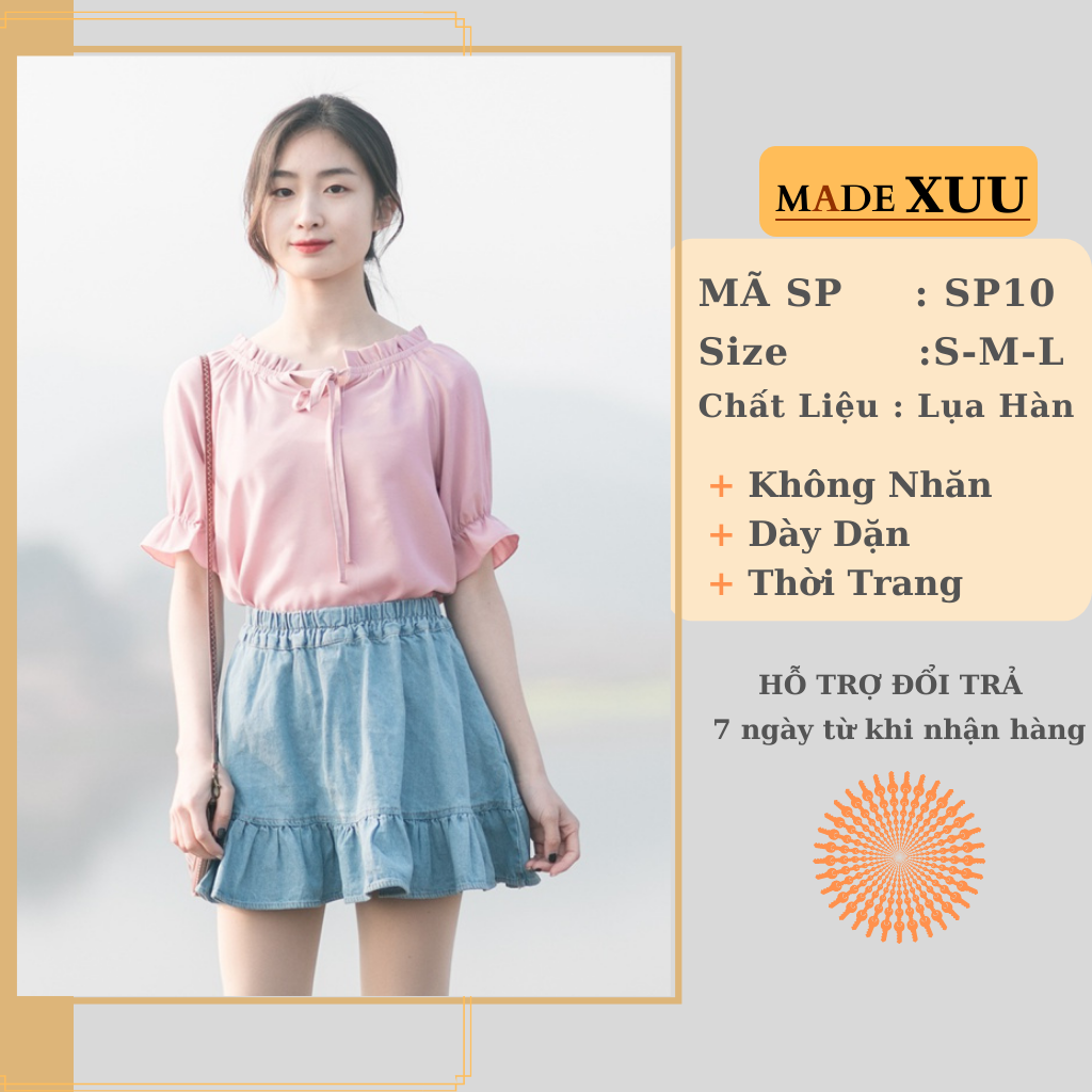 Áo sơ mi nữ cổ bèo thắt nơ tay lỡ chất vải lụa đẹp SP10