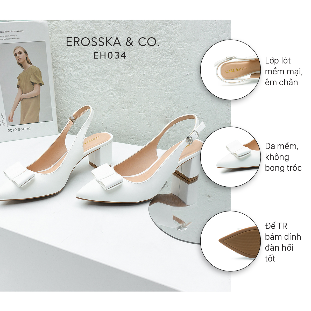 Erosska - Giày cao gót mũi nhọn phối quai đính nơ cao 5cm màu nude - EH034