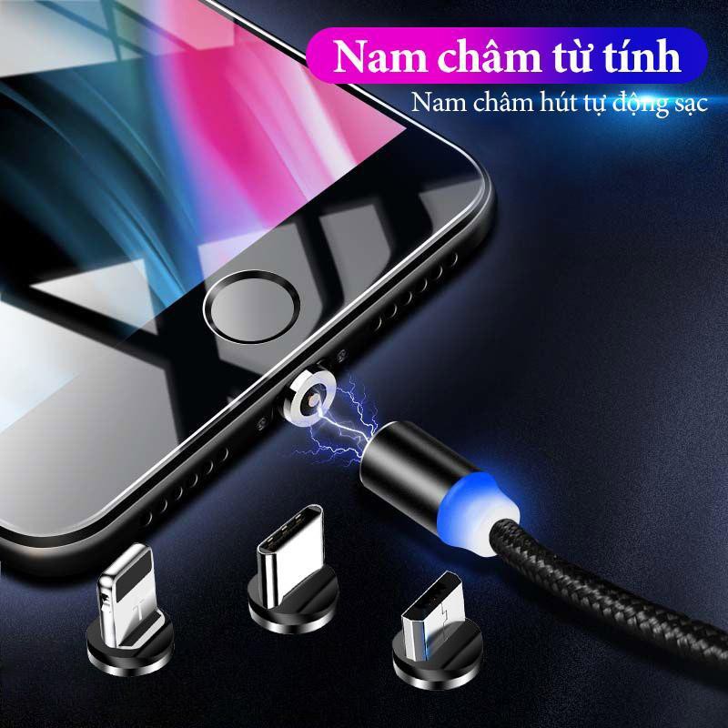 [HCM][BÀO HÀNH 1 ĐỔI 1] SẠC NHANH micro-type C - Cáp sạc từ hút nam châm đầu micro usb type C và iPhone 360 độ dây dù có led