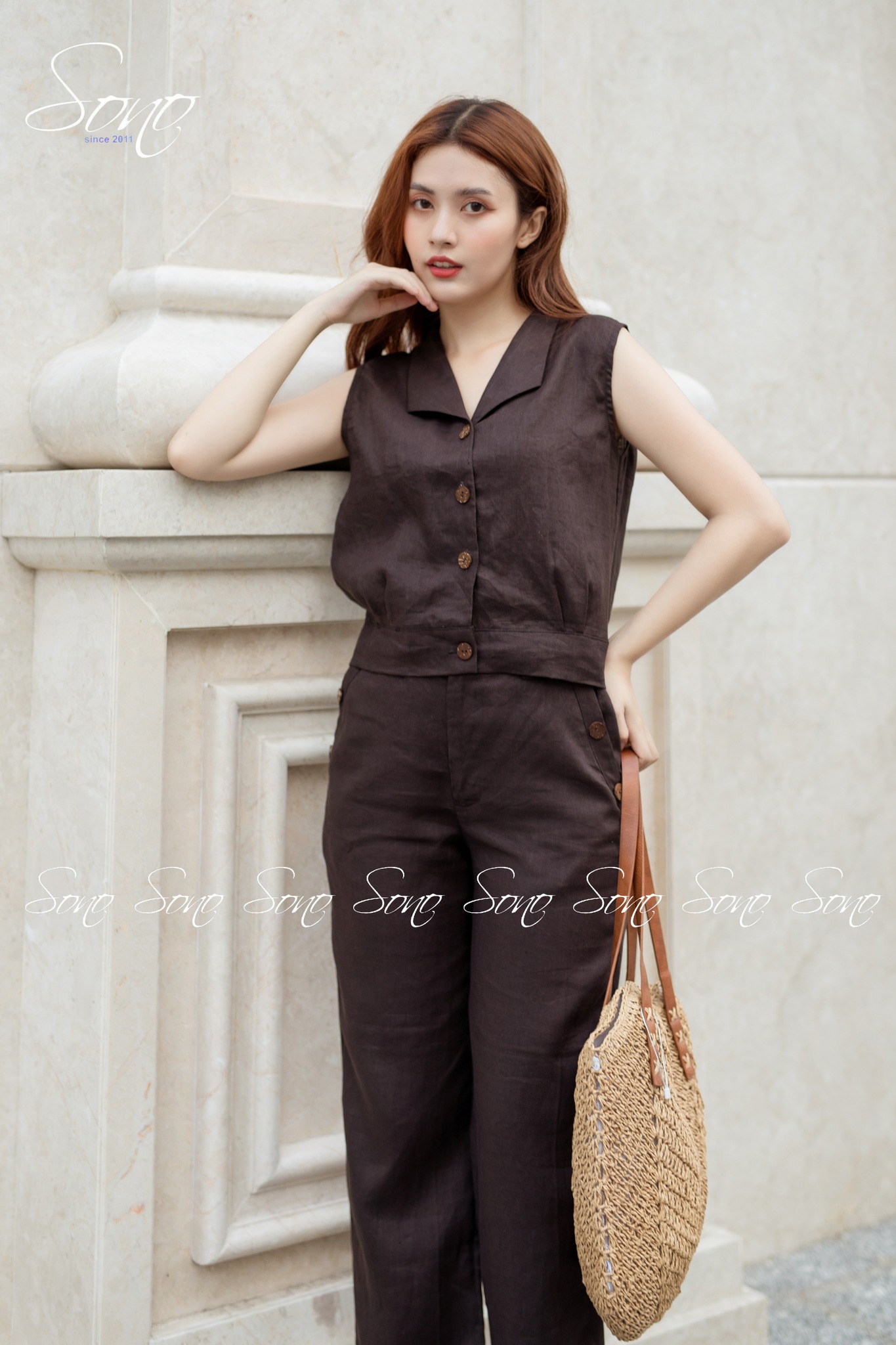 Sono - Bộ Dài Linen Cổ Bẻ Nút Gỗ