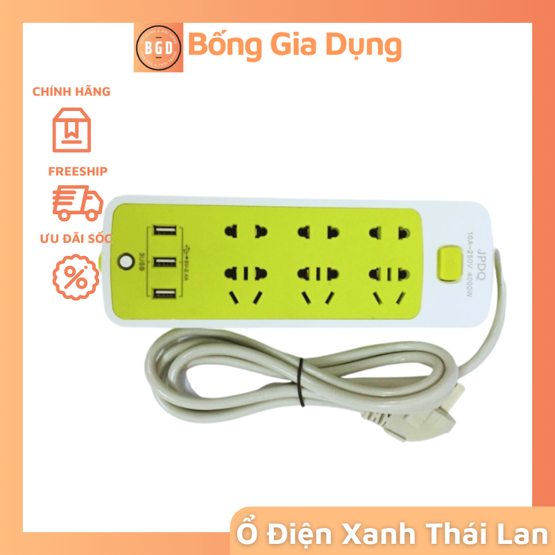 Ổ cắm điện xanh 6 ổ cắm điện và 3 cổng sạc usb an toàn chống giật
