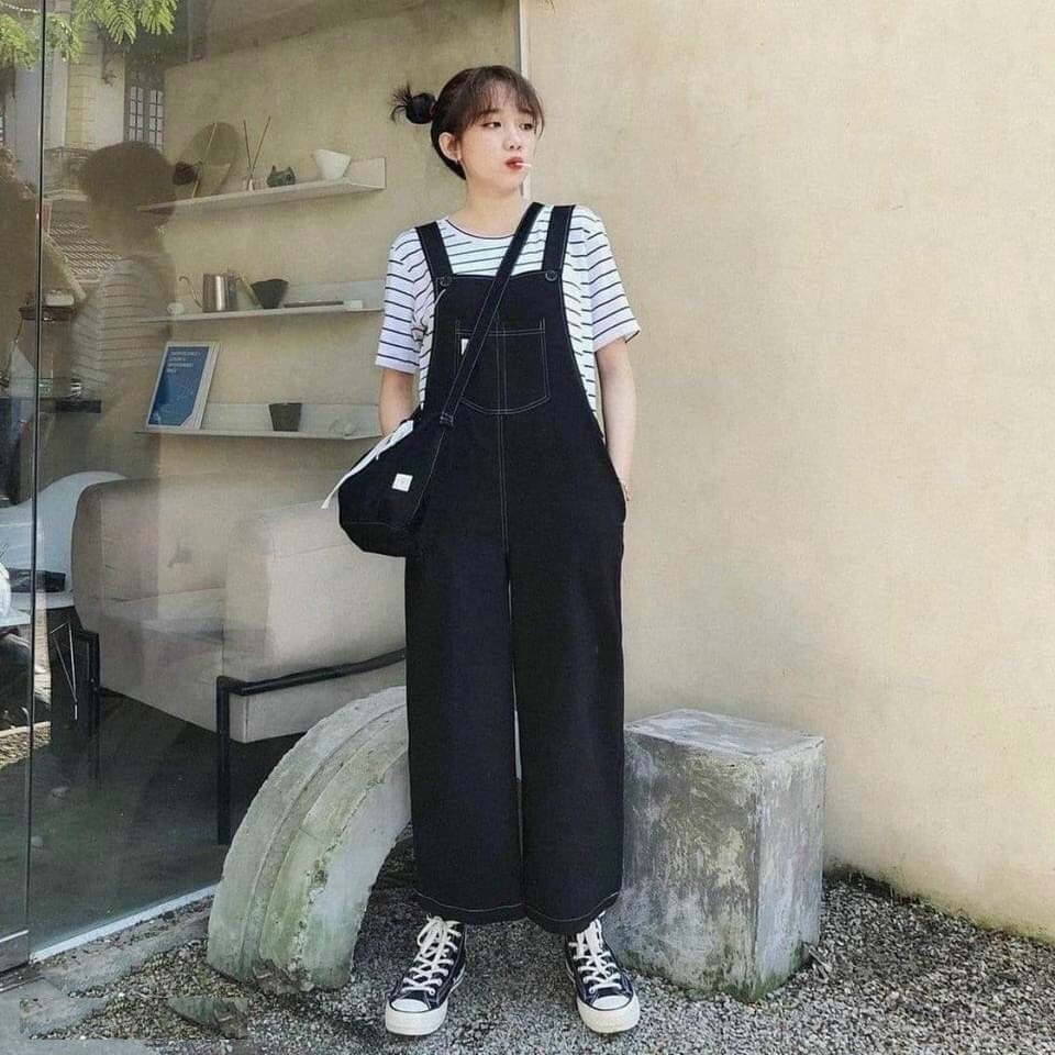 Yếm quần KAKI nữ ỐNG RỘNG CHỈ NỔI dáng dài  kiểu mới dễ thương phong cách ulzzang- yếm bò nữ trơn màu ĐEN đi học đi chơi sang chảnh, yếm quần bò nữ dài dáng SUÔNG, quần yếm nữ hàn quốc, LEVERMART