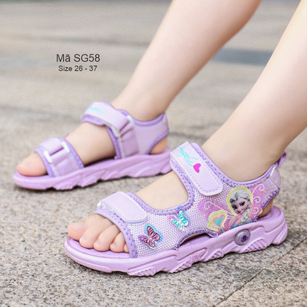 Dép sandal cho bé gái 3 - 12 tuổi có quai hậu họa tiết công chúa Elsa màu tím dễ thương đi học đi biển SG58