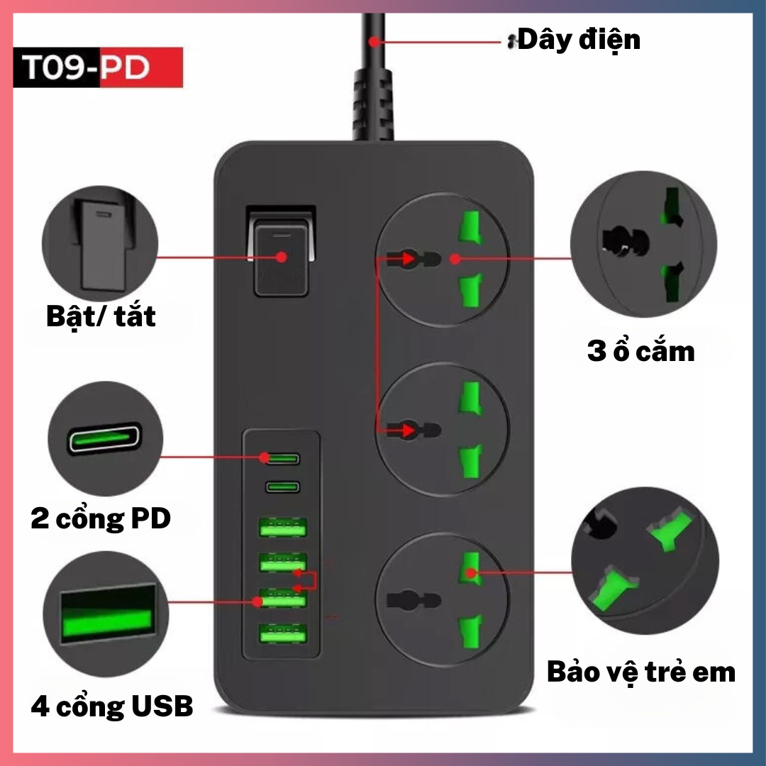 Ổ Cắm Điện Thông Minh Type C Đa Năng T09 - PD Công Suất Lên Tới 3000W Với Dây Dài 2m ,Đảm Bảo An Toàn Chống Cháy Nổ