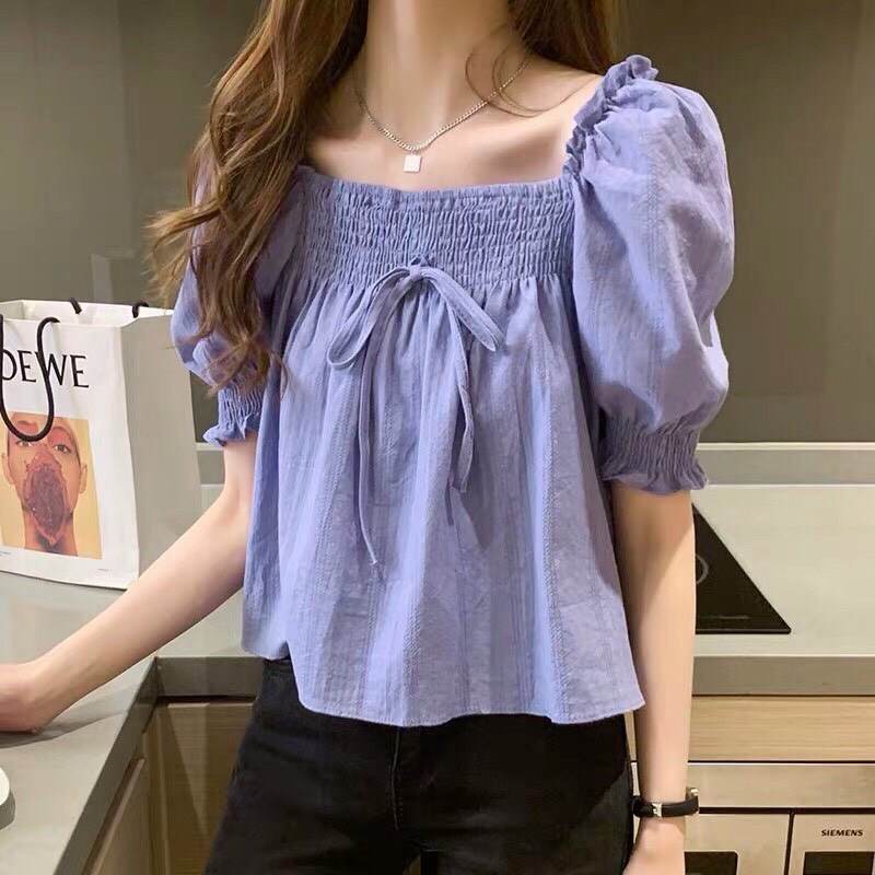 Áo voan cổ vuông nhún ngực phối nơ bánh beo TTSA1034