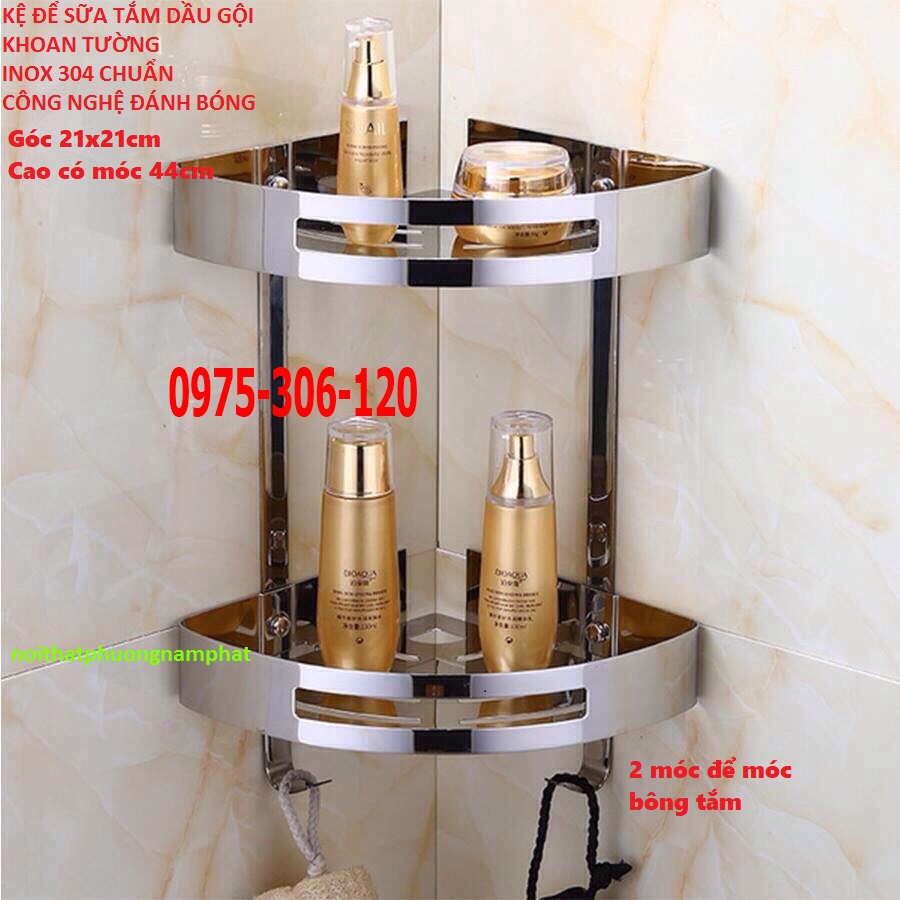 CÔNG NGHỆ ĐÁNH BÓNG ĐẸP Kệ Góc 2 Tầng Đựng Sữa Tắm Dầu Gôị 100% INOX 304 Trong Nhà Tắm KG3 KỆ GÓC 2 TẦNG CÓ MÓC TREO BÔNG TẮM kệ nhà tắm