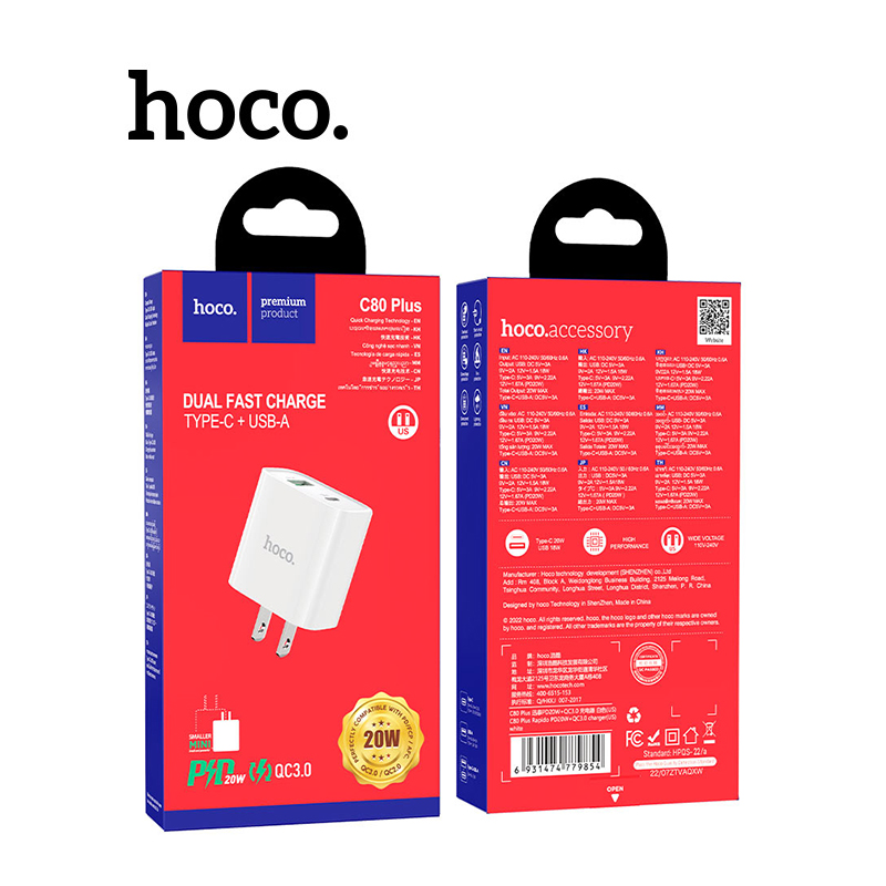 Củ sạc nhanh Hoco C80 Plus PD20W+QC3.0 2 cổng sạc USB VÀ Type-C