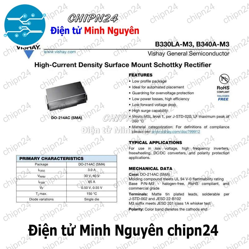 [5 con] (G1) Diode B340A SMA DO-214AC 3A-40V (SMD) (4.3x2.6mm) [Diode Schottky] - HH005550