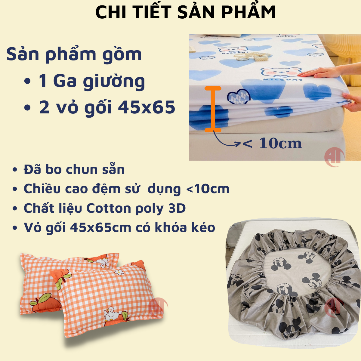 Bộ ga gối cotton poly đủ 3 món AT