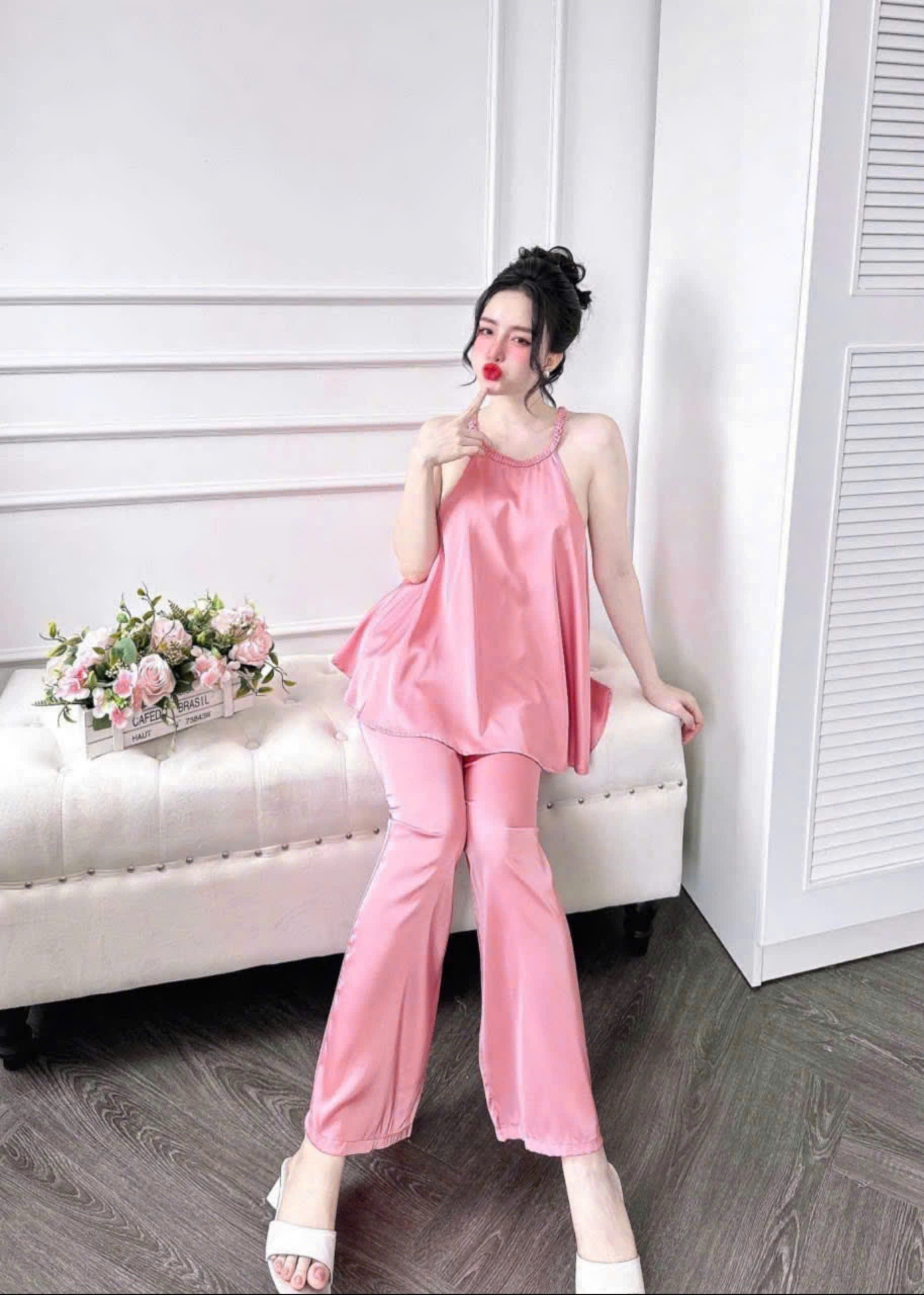 Set quần áo 2 dây nữ, đồ ngủ lụa 2 dây freesize 54kg - cn92