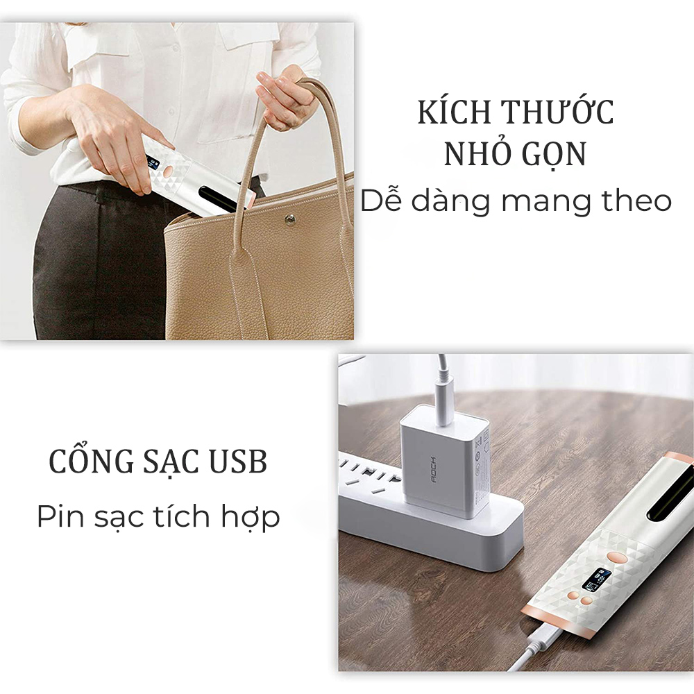 Máy uốn tóc tự động - máy uốn tóc thông minh tạo lọn tóc nhanh chóng giữ nếp lâu màn hình LED hiển thị sạc pin USB tiện lợi tự động ngắt thiết kế 2 lớp cách nhiệt an toàn
