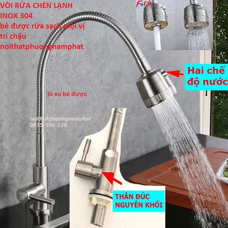 BẺ ĐƯỢC MỌI VỊ TRÍ TRONG CHẬU Vòi Rửa Chén Bát Lạnh Inox 304 Cần Bẻ Lò Xo quay 360 độ dùng cho 2 hộc chậu N5029 Fotar
