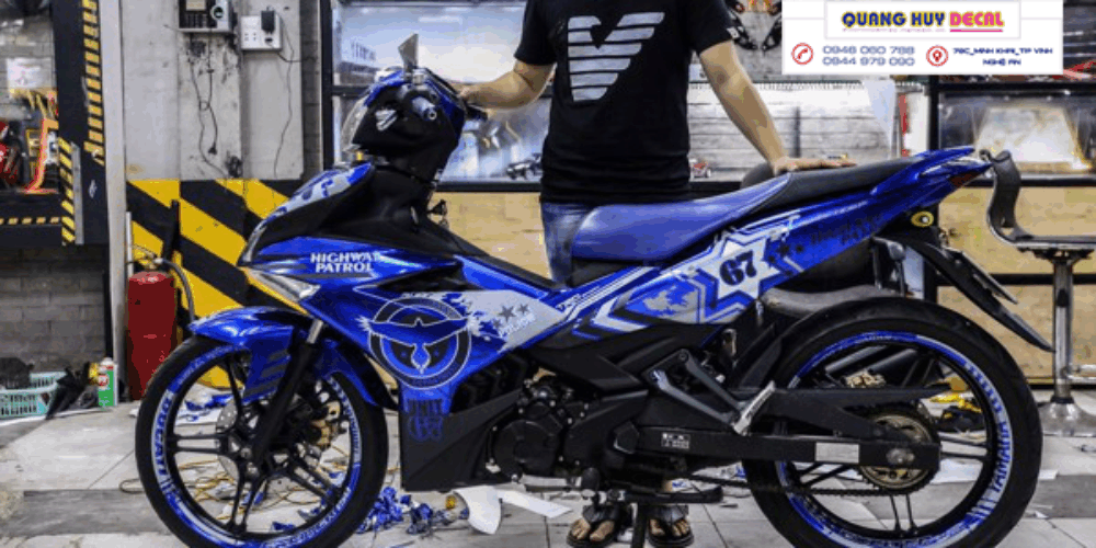 tem trùm xe exciter 150 màu xanh xám po.liceđộ đẹp - Tem xe máy exciter 150 làm theo yêu cầu - tem xe exciter 150 đẹp rẻ chất