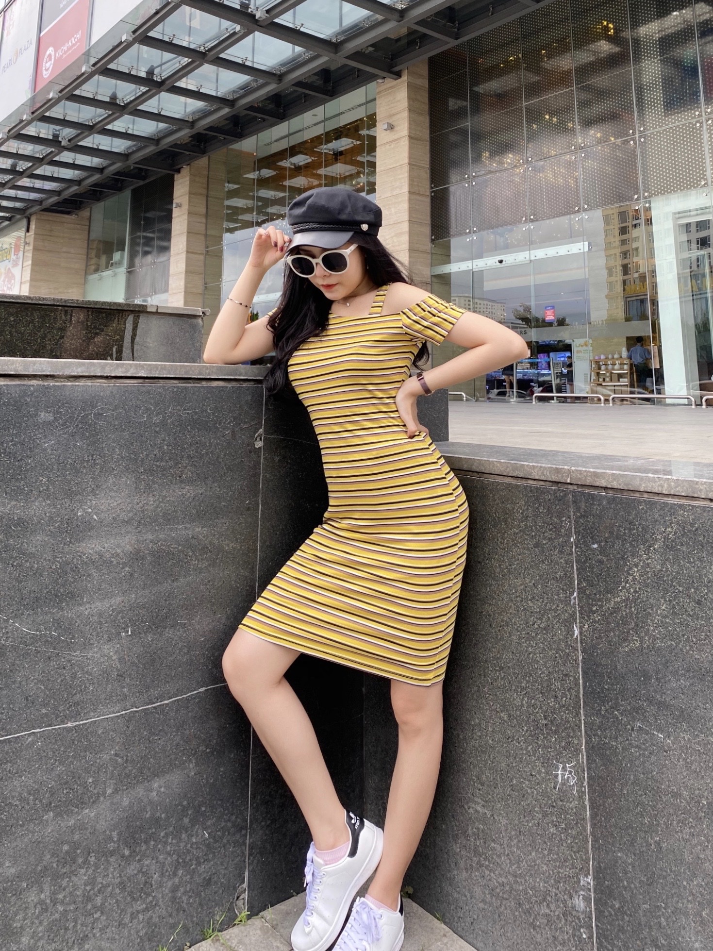 Đầm thun ôm cổ dây lệch vai body - kẻ sọc (tùy chọn)