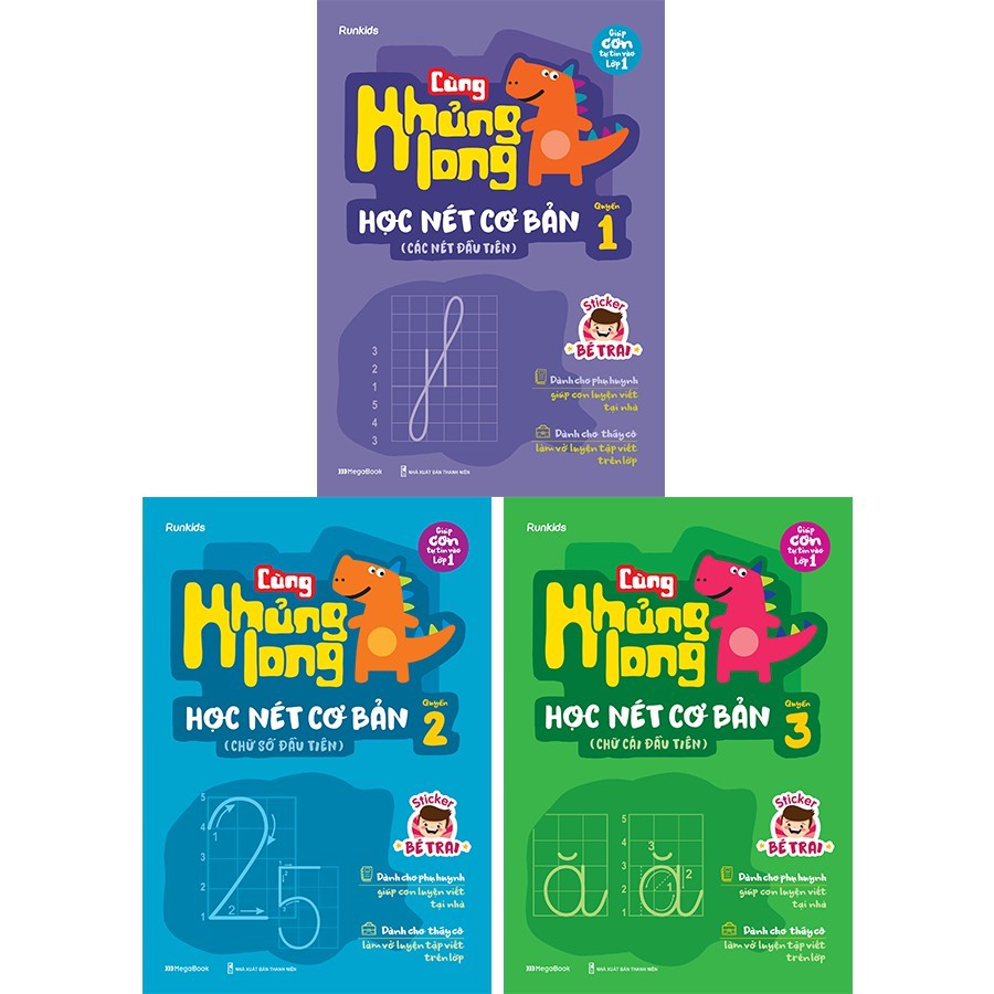Sách Combo 3 cuốn Cùng Khủng long học nét cơ bản - Quyển 1, 2,3 - Tặng kèm Sticker bé trai - Megabook