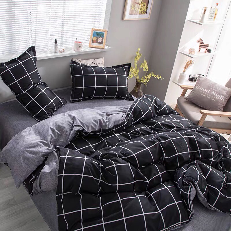 Bộ Chăn Ga Gối Cotton Poly - Kẻ Đen To ( 1 Drap + 2 Vỏ Gối Nằm + 1 Vỏ Chăn ) Tiệm Nhà Cá