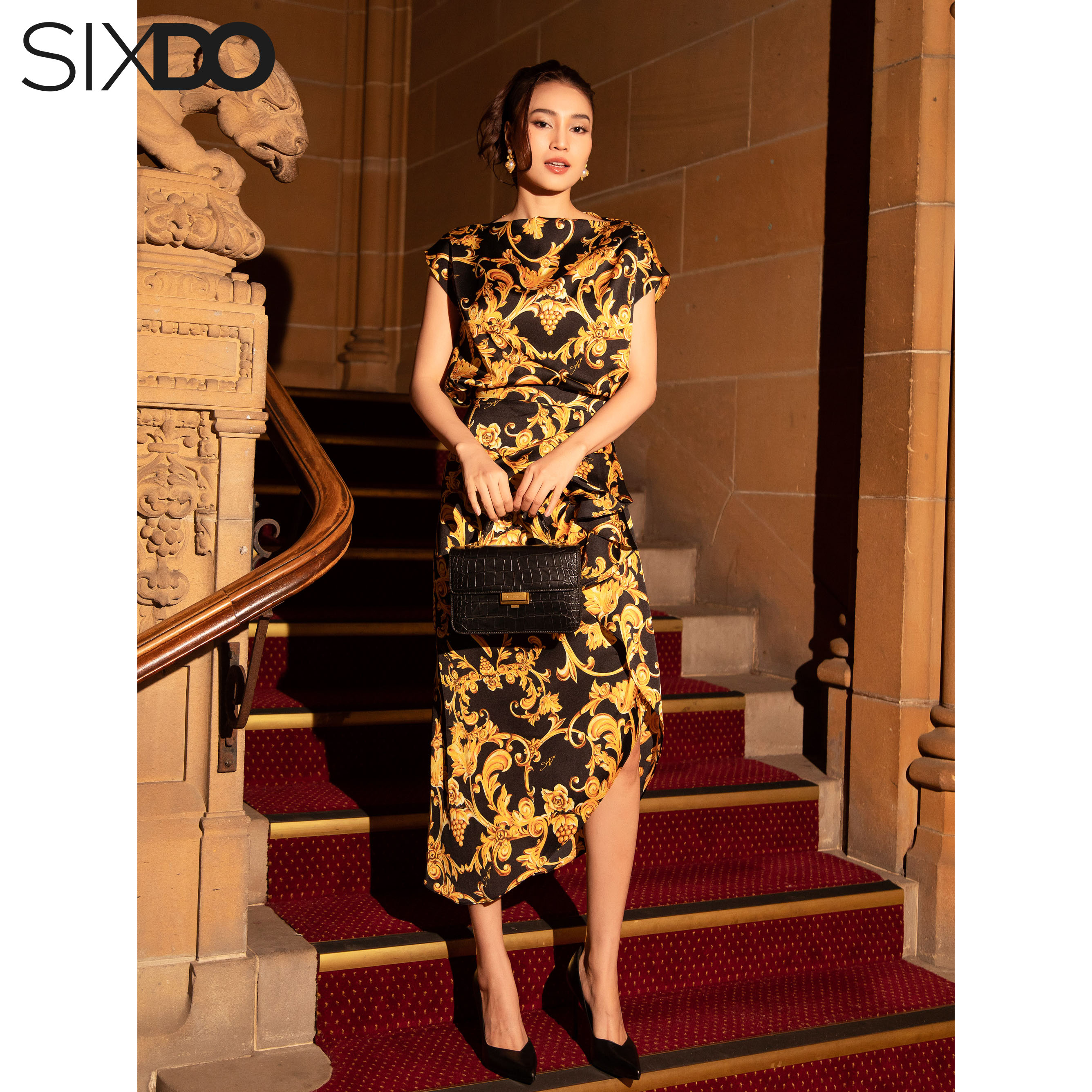 Chân váy lụa nhúm eo họa tiết baroque SIXDO (Black Baroque Print Midi Silk Skirt)