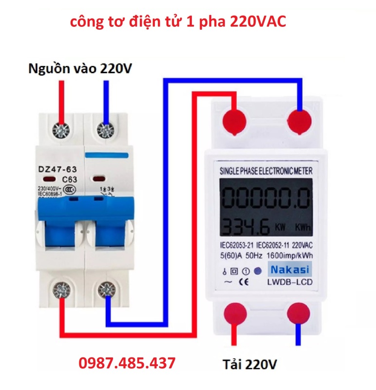 Công tơ điện tử 1 pha 220V-60A Nakasi - đồng hồ đo công suất tiêu thụ Kwh