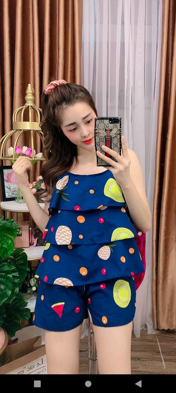 Bộ đồ ngủ 2 dây phối tầng vải voan lụa kiểu dáng dễ thương free size dưới 57kg