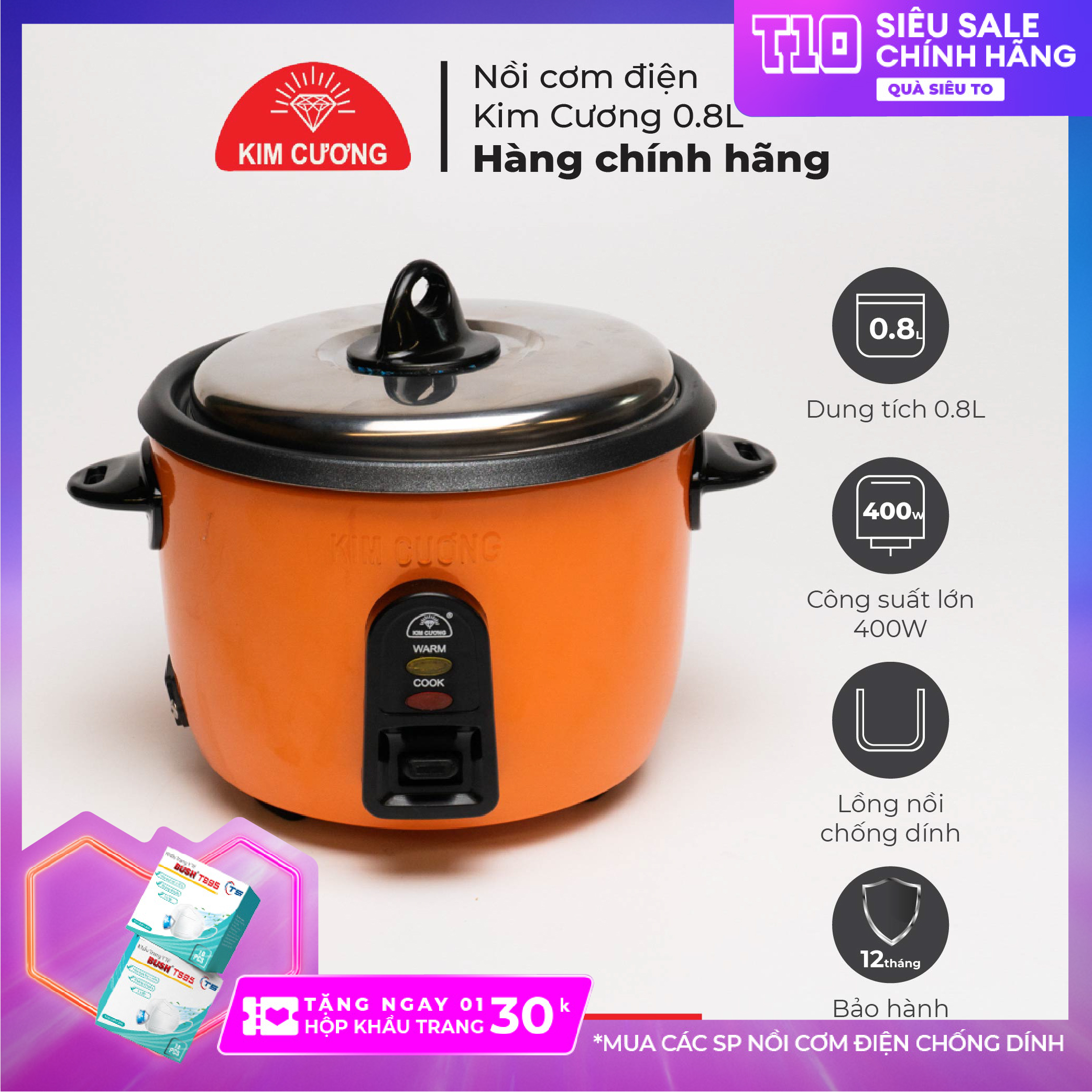 Nồi Cơm Điện Kim Cương 0.8 Lít - Nắp Rời [Bảo Hành Chính Hãng 12 Tháng]