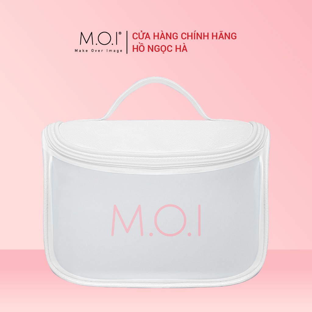 Túi Make Up đựng mỹ phẩm M.O.I trắng trong có moc treo