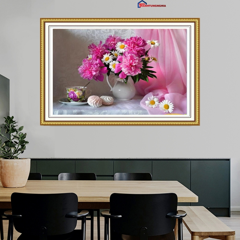 Tranh đính đá bình hoa khoe sắc 75cm x 53cm