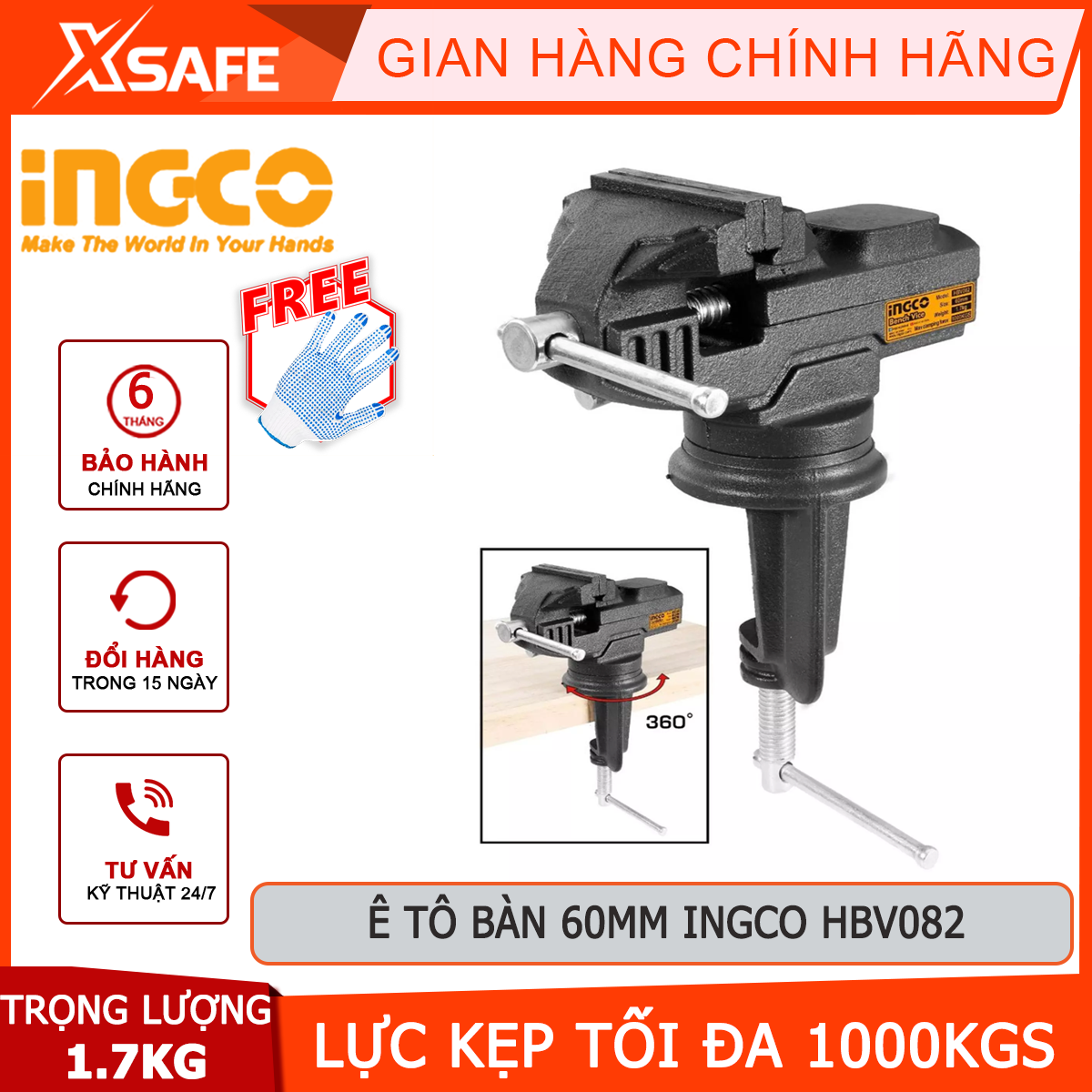 Hallo motor table ingco HBV082 darkly clip Car 60mm, weight 1.7kg, clamping force 1000kgs hold tight tube steel, steel, iron, wood [genuine] [xsafe]