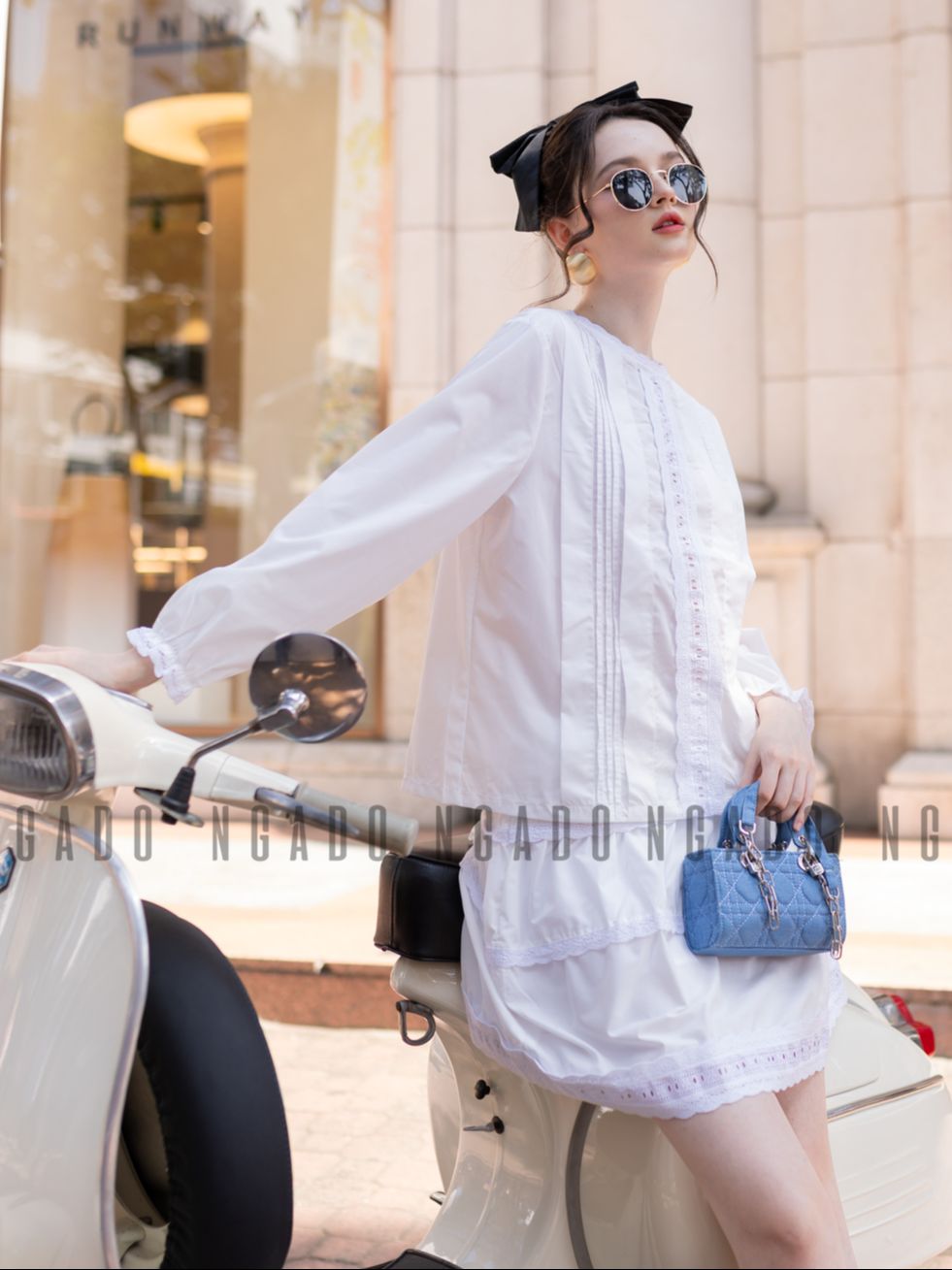 Set áo váy phối ren dài tay NGADO