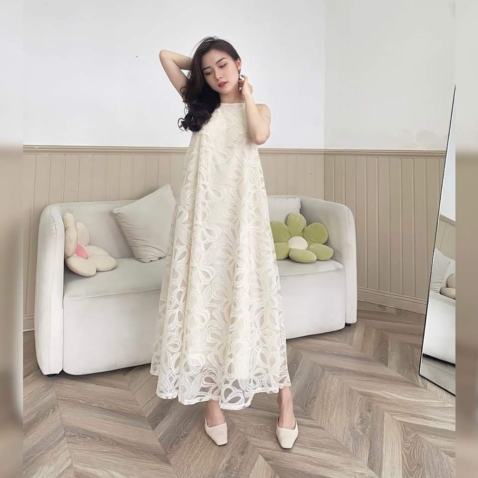 Váy bầu maxi cổ yếm ren hoa nổi hàng lớp siêu xinh, đầm bầu cổ yếm dáng suông