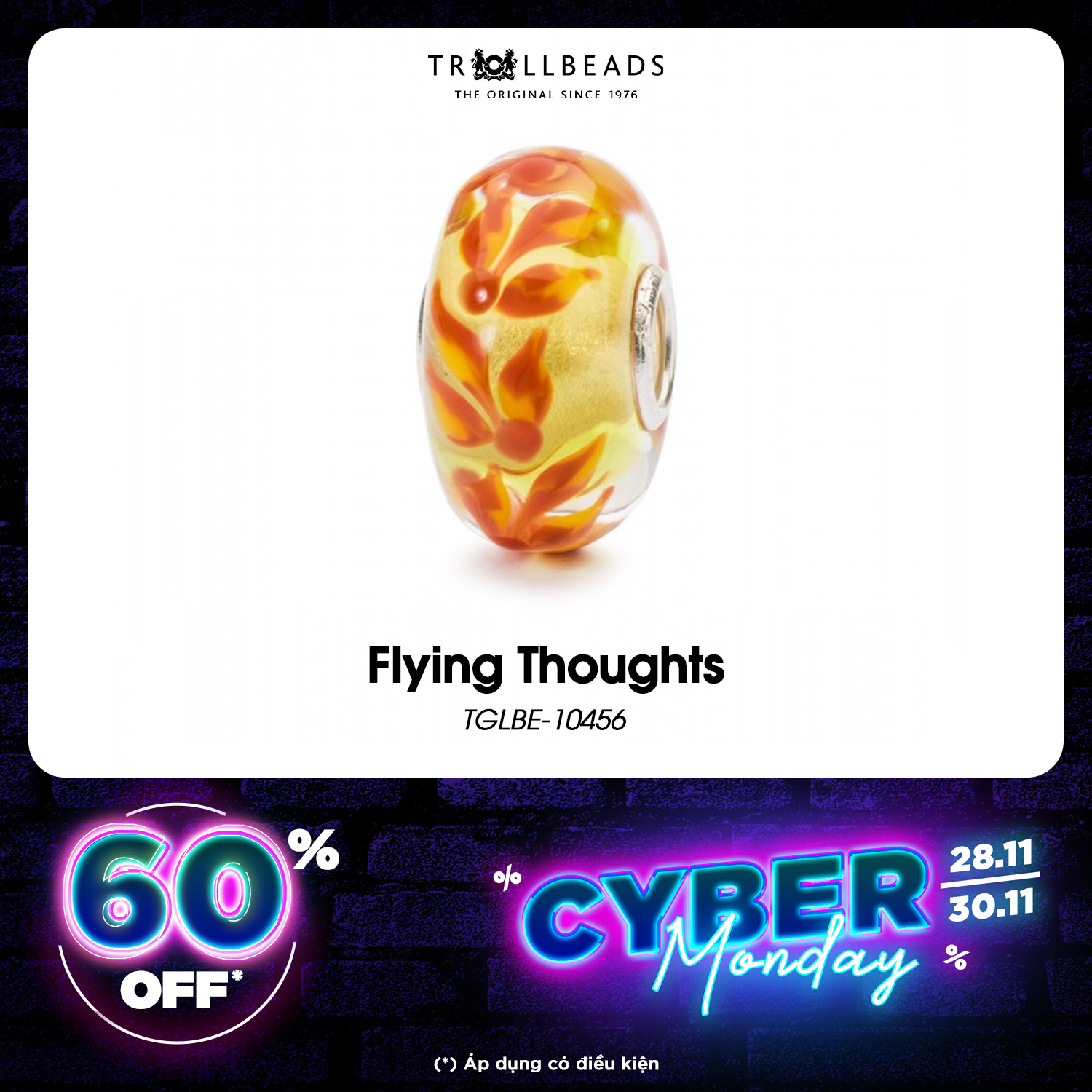 Trollbeads Bead Thủy tinh Cao cấp Flying Thoughs TGLBE-10456