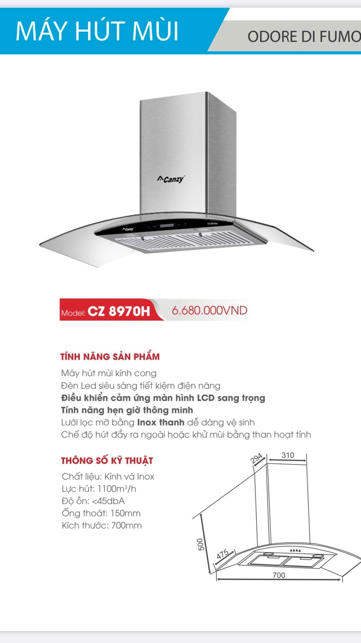 Máy hút mùi cảm ứng Canzy CZ70bds - 70cm siêu êm