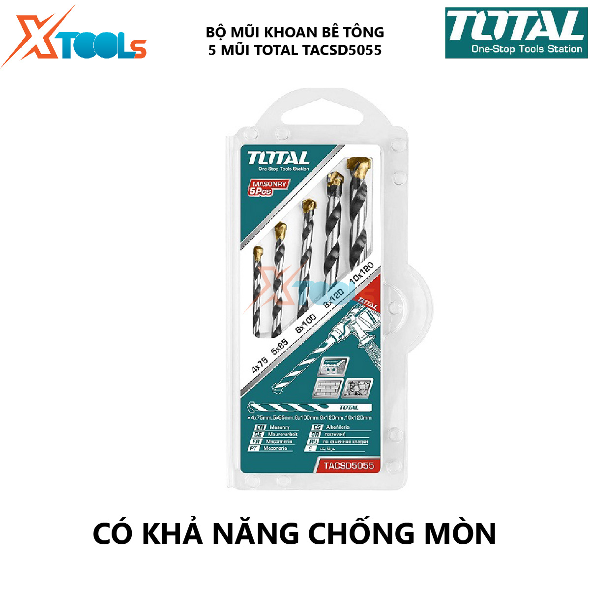 Bộ 5 mũi khoan bê tông TOTAL TACSD5055 combo 5 mũi đục bê tông Gồm 5 kích thước giúp hỗ trợ khoét lỗ trên bề mặt vật liệu như sắt, thép, gỗ, bê tông
