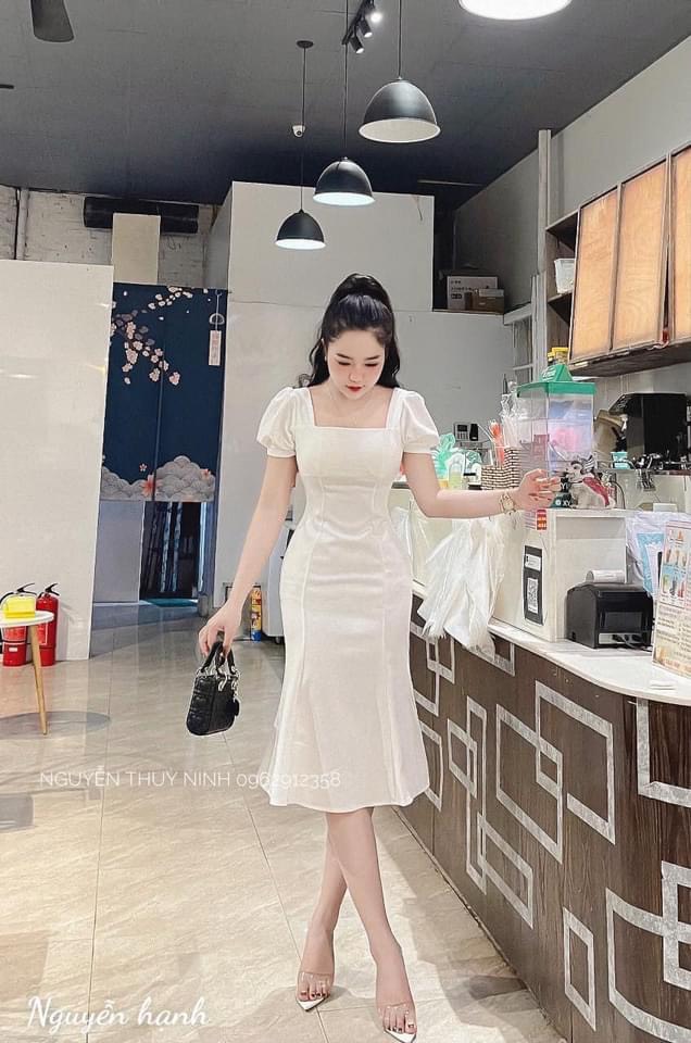 Đầm Lụa Trắng Dáng Dài Tiểu Thư Midi Lái Đuôi Cá - Váy Dự Tiệc Cưới Cổ Vuông Ulzzang