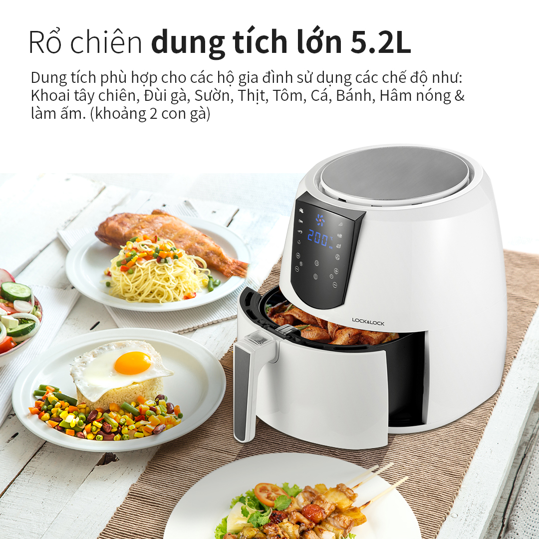 EJF357 - Nồi chiên không dầu Lock&Lock 5.2L - Cảm ứng, 7 chế độ nấu, Tỏa nhiệt đối lưu, Tặng khay bánh - Chính hãng - Bảo hành 2 năm